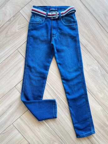 Calça Masculina Infantil Jeans Escuro com Detalhe e Cinto Colorido Fernanda Ramos Kids