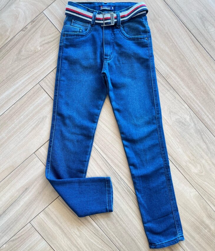 Calça Masculina Infantil Jeans Escuro com Detalhe e Cinto Colorido Fernanda Ramos Kids
