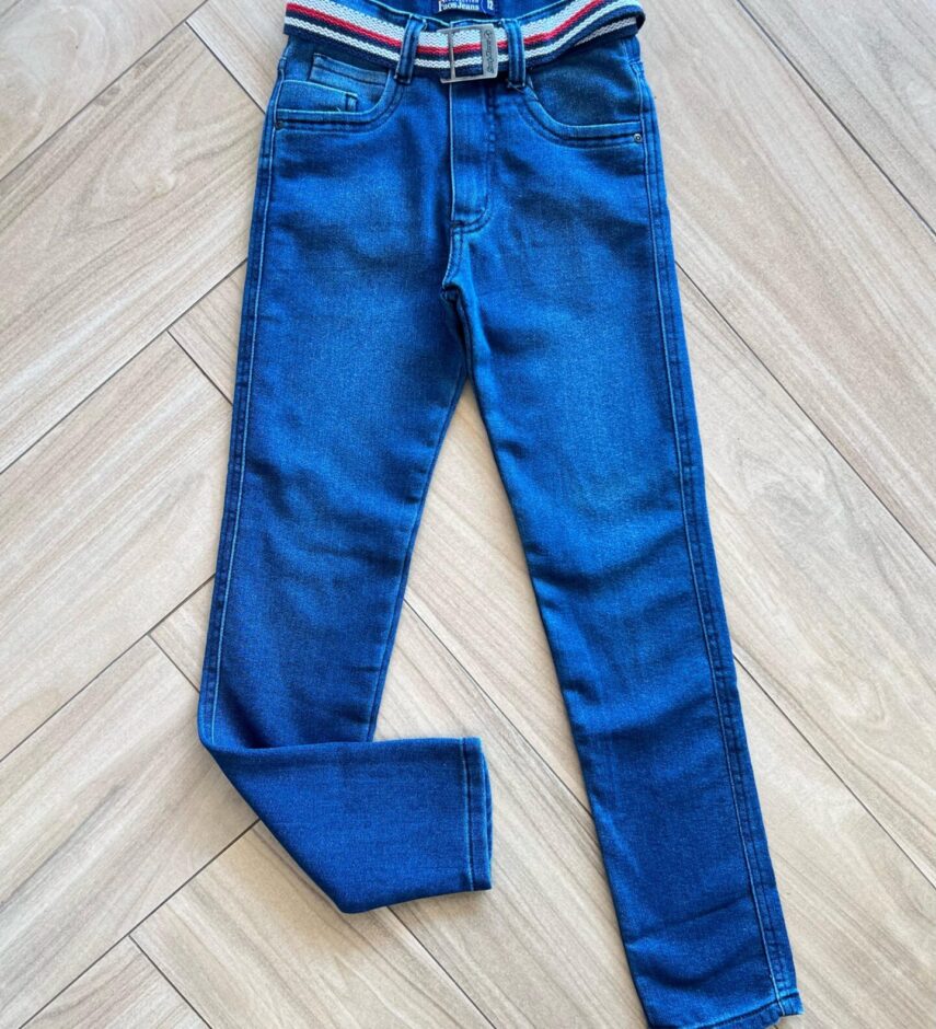 Calça Masculina Infantil Jeans Escuro com Detalhe e Cinto Colorido Fernanda Ramos Kids
