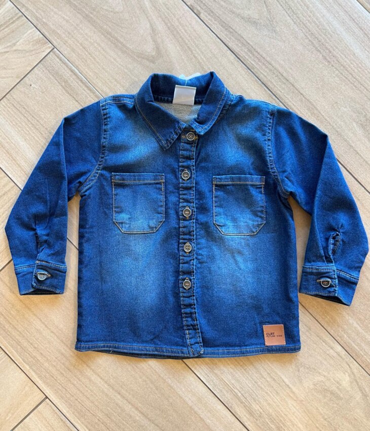 Camisa Polo Infantil Masculina Jeans Manga Longa com Bolso Fernanda Ramos Kids
