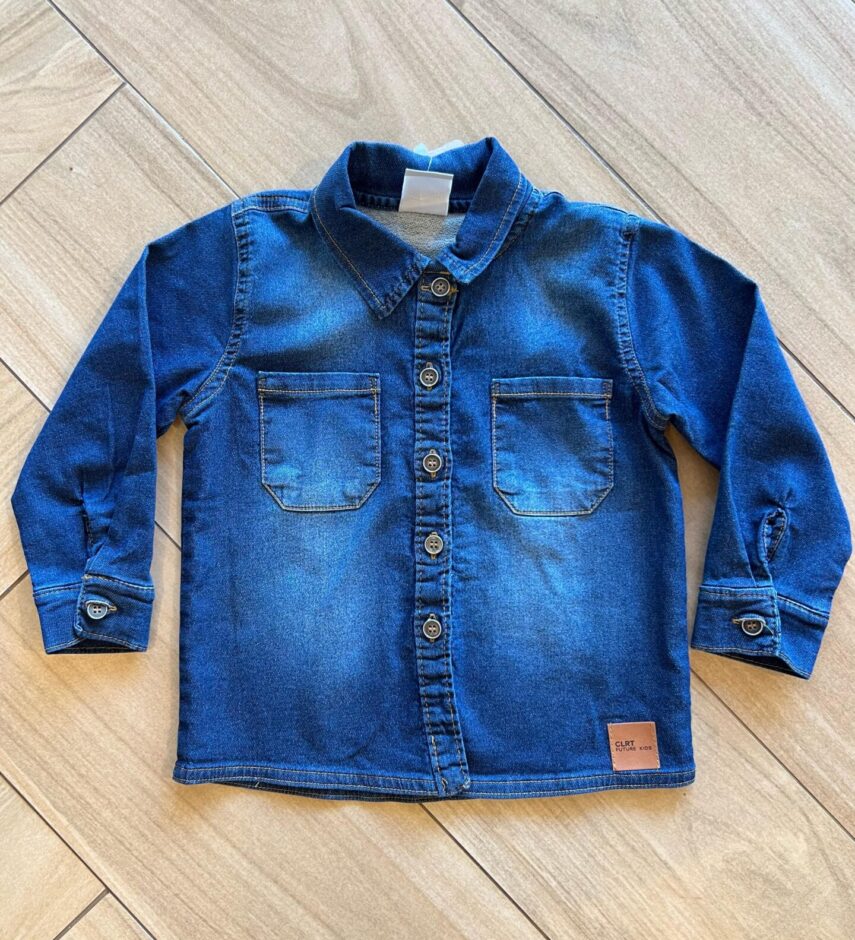 Camisa Polo Infantil Masculina Jeans Manga Longa com Bolso Fernanda Ramos Kids