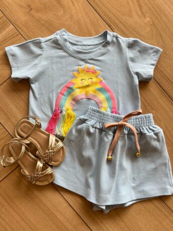 Conjunto Infantil Blusa Cropped com Detalhe e Short Saia Azul Fernanda Ramos KIds
