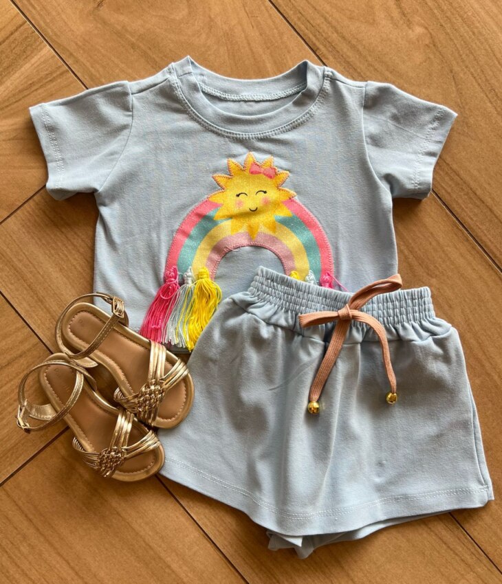 Conjunto Infantil Blusa Cropped com Detalhe e Short Saia Azul Fernanda Ramos KIds