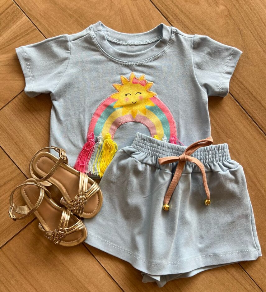 Conjunto Infantil Blusa Cropped com Detalhe e Short Saia Azul Fernanda Ramos KIds