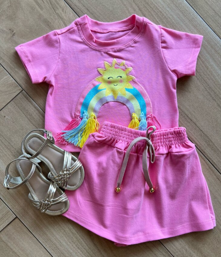 Conjunto Infantil Blusa Cropped com Detalhe e Short Saia Rosa Fernanda Ramos Kids