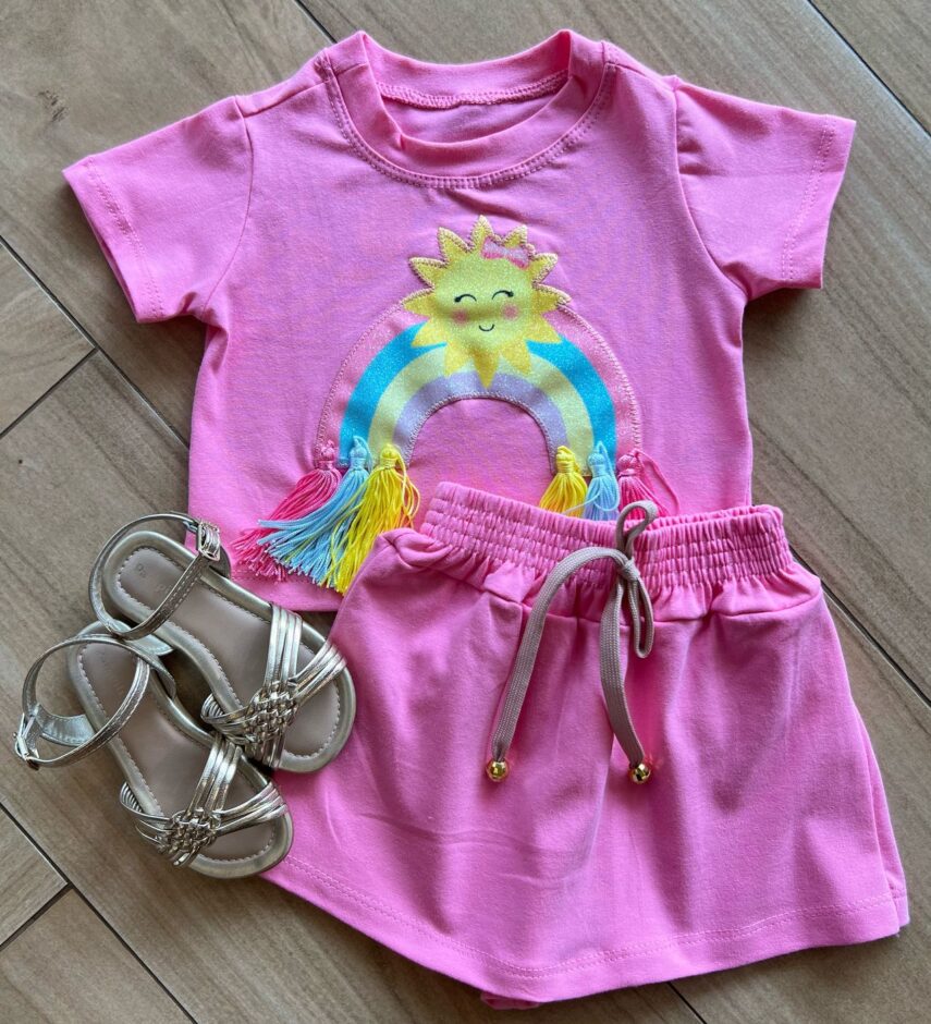 Conjunto Infantil Blusa Cropped com Detalhe e Short Saia Rosa Fernanda Ramos Kids