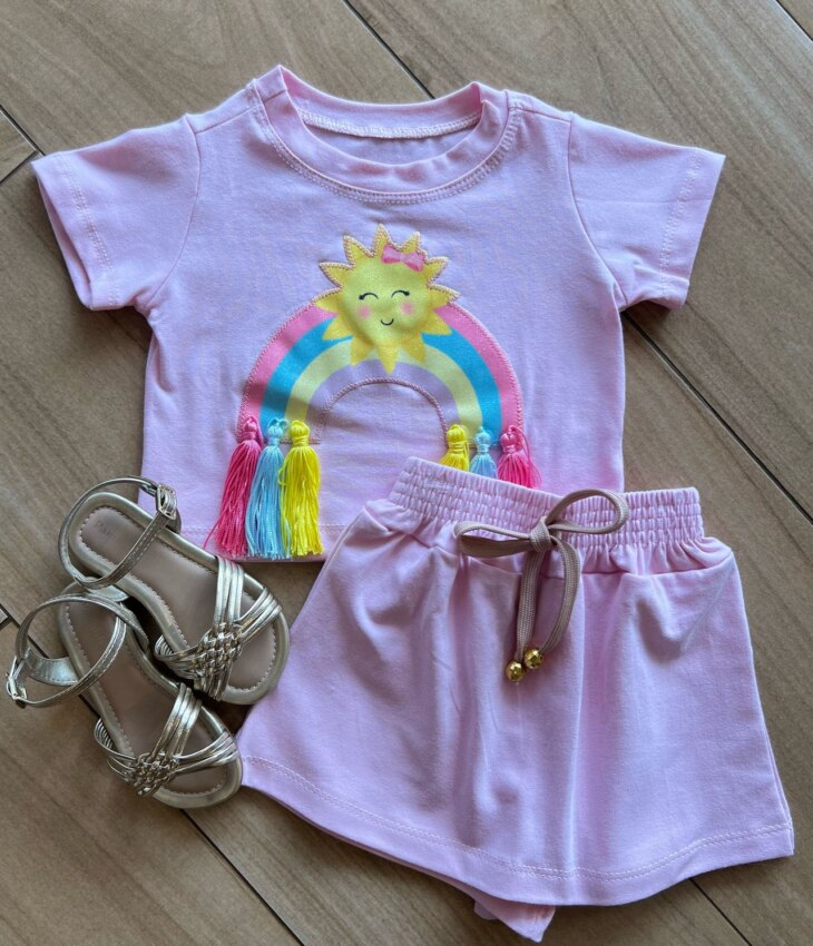 Conjunto Infantil Blusa Cropped com Detalhe e Short Saia Rosa Bebê Fernanda Ramos Kids