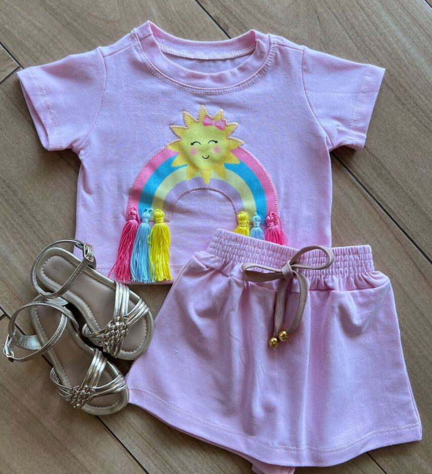 Conjunto Infantil Blusa Cropped com Detalhe e Short Saia Rosa Bebê Fernanda Ramos Kids