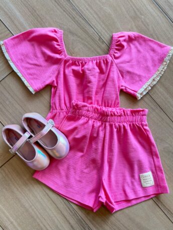 Conjunto Infantil Feminino Blusa com Detalhe e Short Rosa Fernanda Ramos Kids