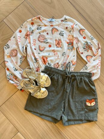 Conjunto Infantil Feminino Blusa Cropped Estampada e Short Verde Fernanda Ramos Kids