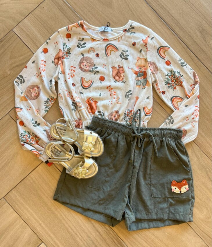 Conjunto Infantil Feminino Blusa Cropped Estampada e Short Verde Fernanda Ramos Kids