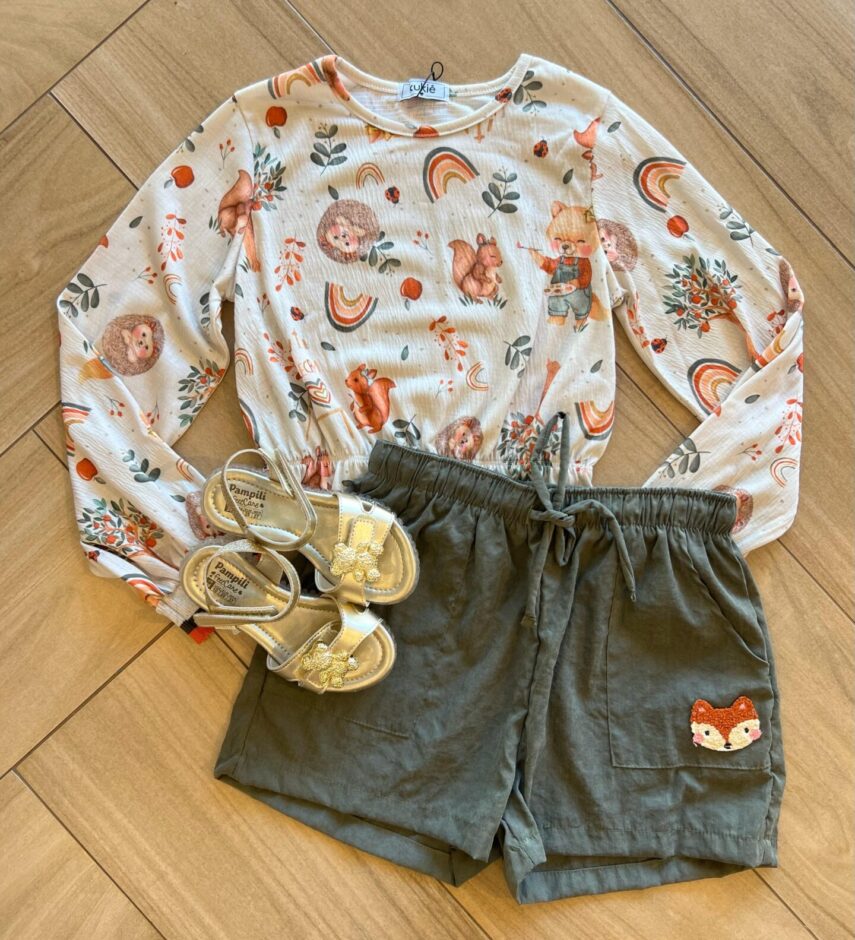 Conjunto Infantil Feminino Blusa Cropped Estampada e Short Verde Fernanda Ramos Kids