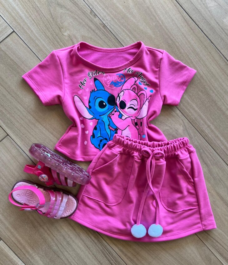 Conjunto Infantil Feminino Blusa e Short HerHis Stitch Pink Fernanda Ramos Kids