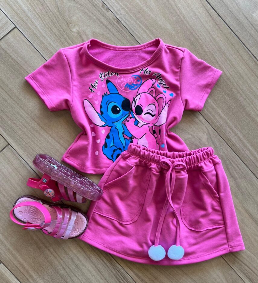 Conjunto Infantil Feminino Blusa e Short HerHis Stitch Pink Fernanda Ramos Kids