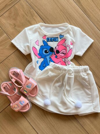 Conjunto Infantil Feminino Blusa e Short Stitch Apaixonado Off White Fernanda Ramos Kids