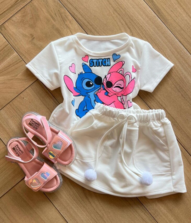Conjunto Infantil Feminino Blusa e Short Stitch Apaixonado Off White Fernanda Ramos Kids