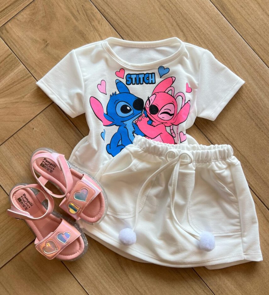 Conjunto Infantil Feminino Blusa e Short Stitch Apaixonado Off White Fernanda Ramos Kids