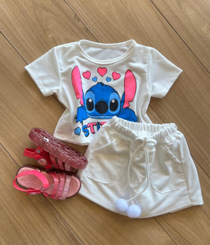 Conjunto Infantil Feminino Blusa e Short Stitch com Corações Fernanda Ramos Kids