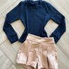 Conjunto Infantil Feminino Blusa Manga Longa Canelada e Short Bege Fernanda Ramos Kids
