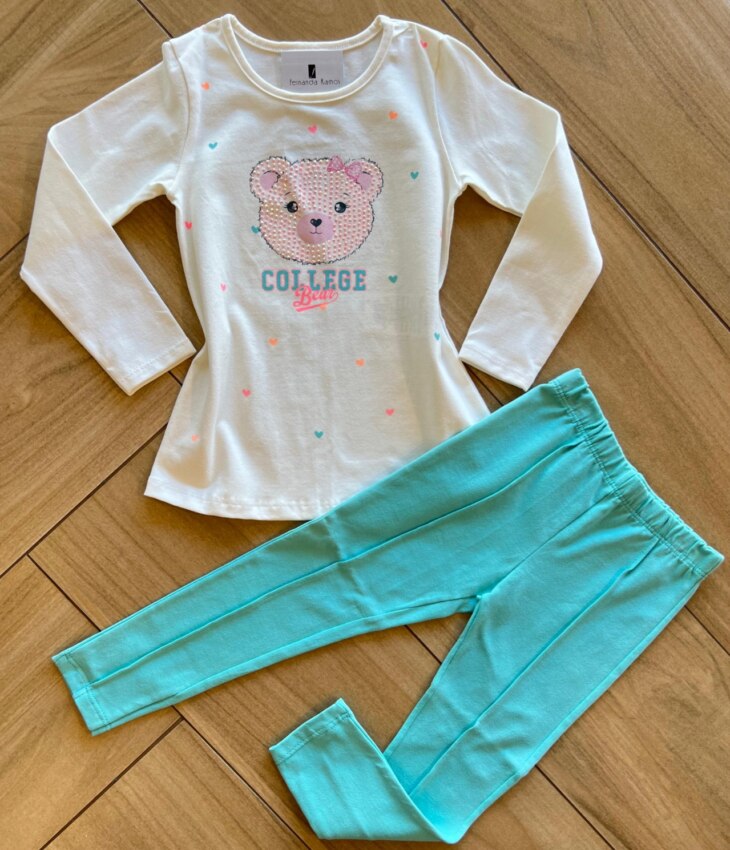 Conjunto Infantil Feminino Blusa Manga Longa College e Calça Verde Fernanda Ramos Kids