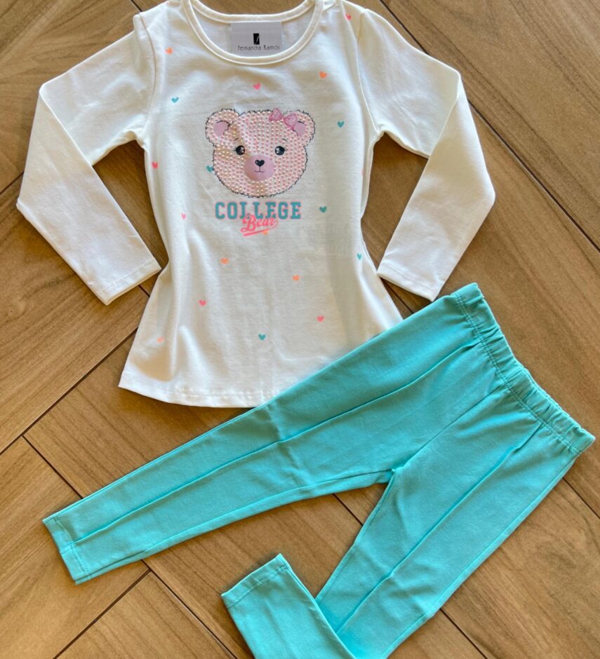 Conjunto Infantil Feminino Blusa Manga Longa College e Calça Verde Fernanda Ramos Kids