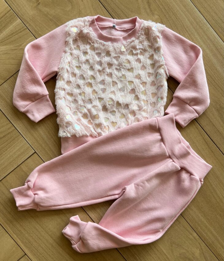 Conjunto Infantil Feminino Blusa Manga Longa Corações e Calça Rosa Fernanda Ramos Kids