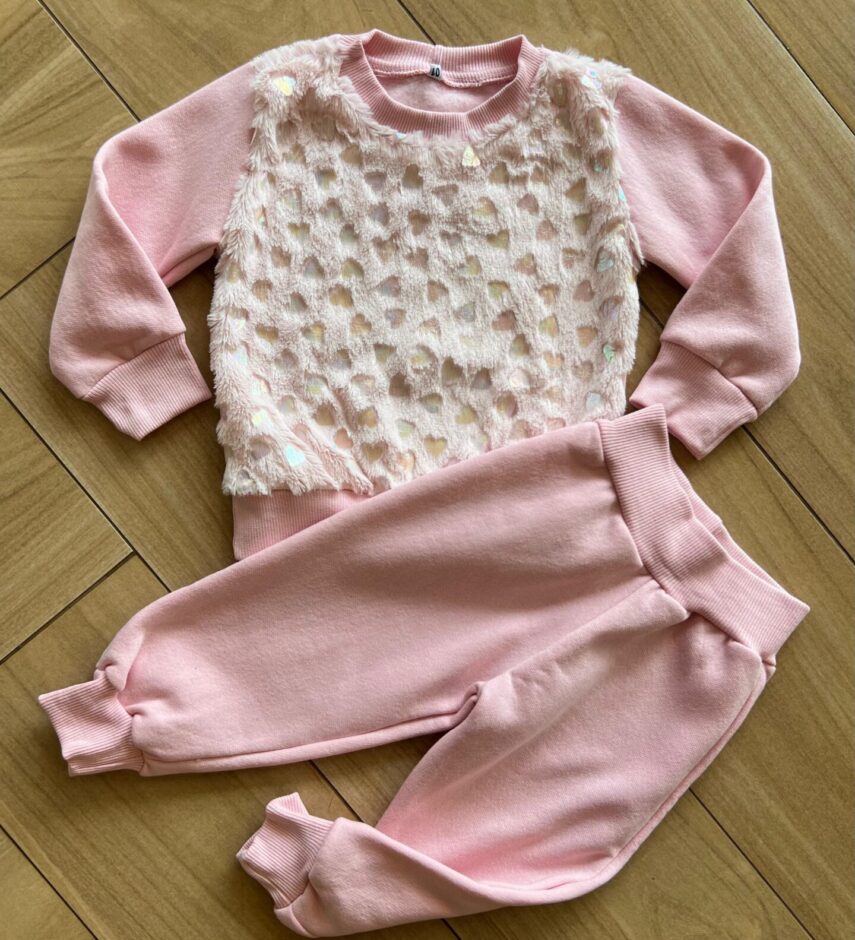 Conjunto Infantil Feminino Blusa Manga Longa Corações e Calça Rosa Fernanda Ramos Kids