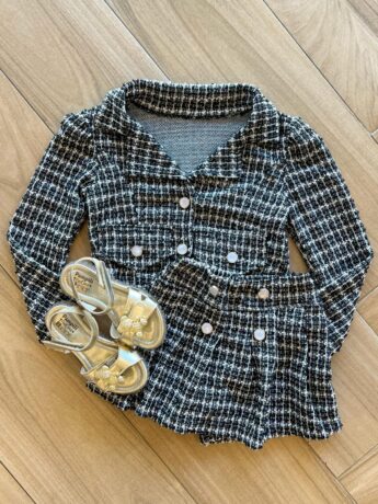 Conjunto Infantil Feminino Blusa Manga Longa e Short Saia Preto Fernanda Ramos Kids
