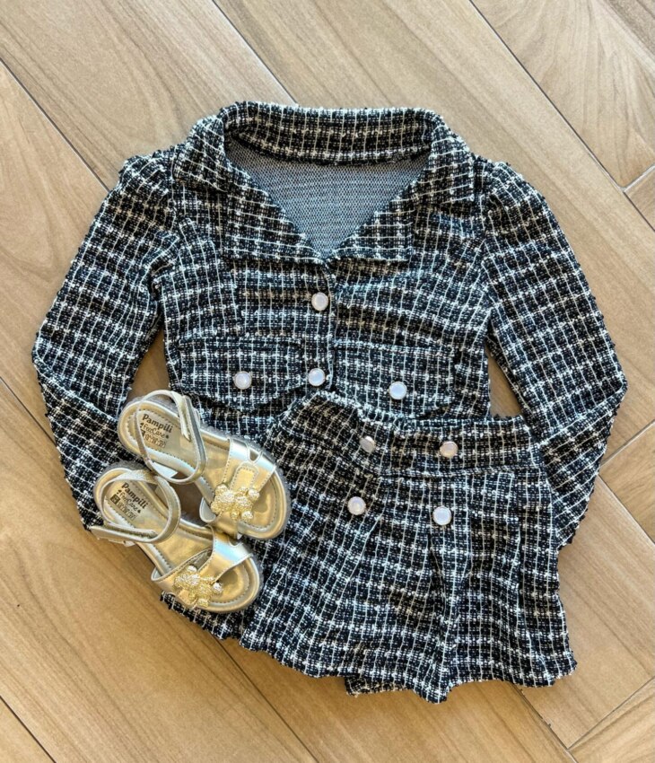 Conjunto Infantil Feminino Blusa Manga Longa e Short Saia Preto Fernanda Ramos Kids