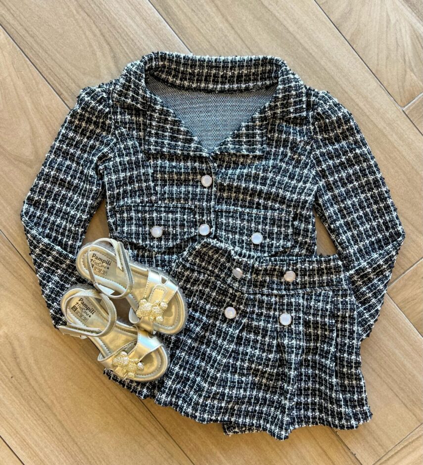 Conjunto Infantil Feminino Blusa Manga Longa e Short Saia Preto Fernanda Ramos Kids