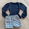 Conjunto Infantil Feminino Blusa Manga Longa e Short Saia Xadrez Fernanda Ramos Kids