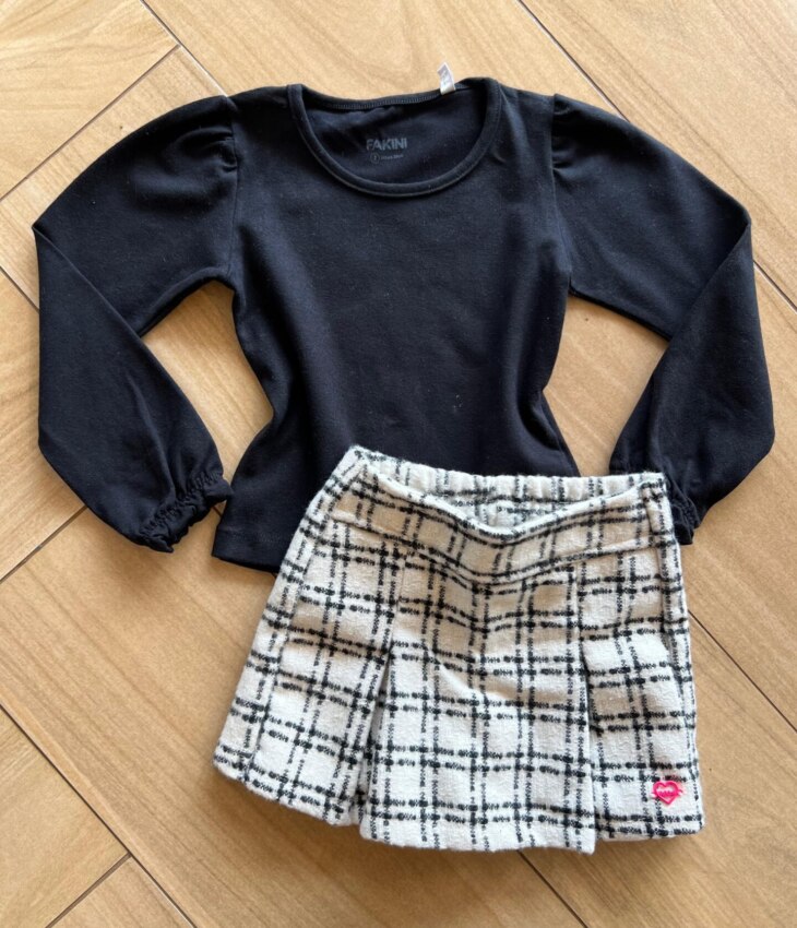 Conjunto Infantil Feminino Blusa Manga Longa e Short Saia Xadrez Fernanda Ramos Kids