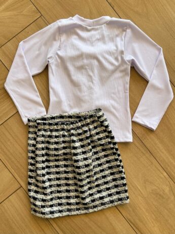 Conjunto Infantil Feminino Blusa Manga Longa Laço Branca e Saia Fernanda Ramos Kids