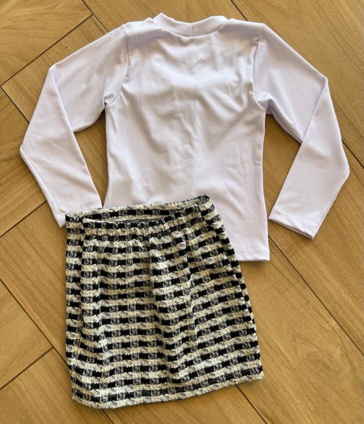 Conjunto Infantil Feminino Blusa Manga Longa Laço Branca e Saia Fernanda Ramos Kids