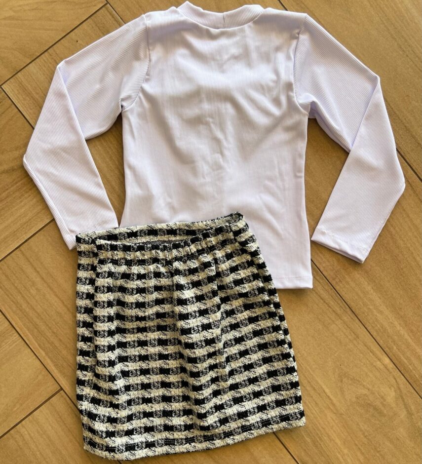 Conjunto Infantil Feminino Blusa Manga Longa Laço Branca e Saia Fernanda Ramos Kids