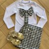 Conjunto Infantil Feminino Blusa Manga Longa Laço Branca e Saia Fernanda Ramos Kids