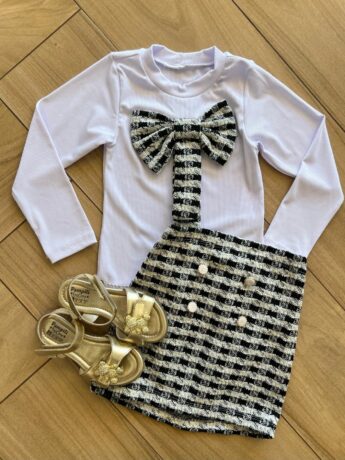 Conjunto Infantil Feminino Blusa Manga Longa Laço Branca e Saia Fernanda Ramos Kids