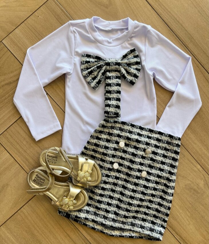 Conjunto Infantil Feminino Blusa Manga Longa Laço Branca e Saia Fernanda Ramos Kids