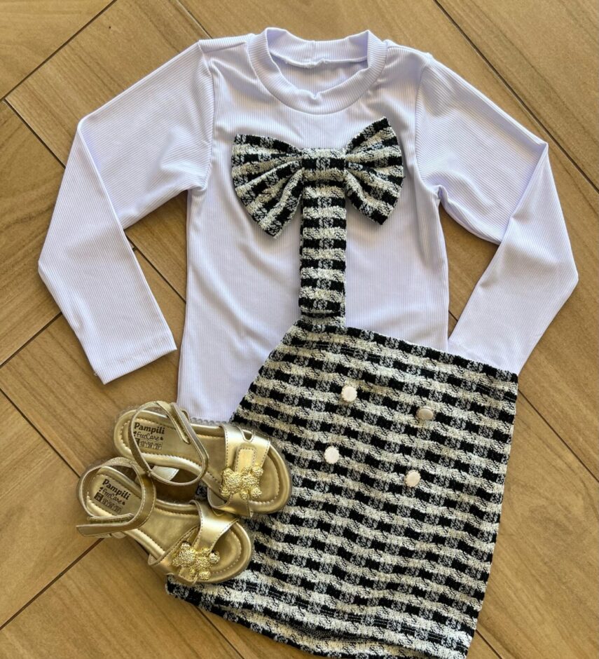Conjunto Infantil Feminino Blusa Manga Longa Laço Branca e Saia Fernanda Ramos Kids