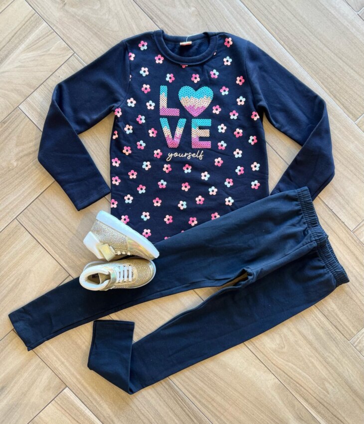 Conjunto Infantil Feminino Blusa Manga Longa Love e Calça Preta Fernanda Ramos Kids