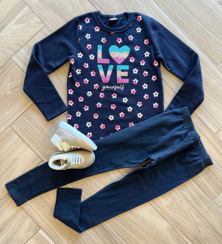 Conjunto Infantil Feminino Blusa Manga Longa Love e Calça Preta Fernanda Ramos Kids