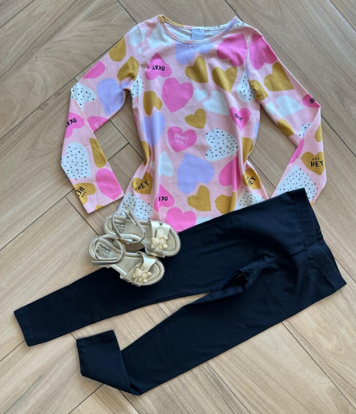 Conjunto Infantil Feminino Blusa Manga Longa Okay e Calça Preta Fernanda Ramos Kids