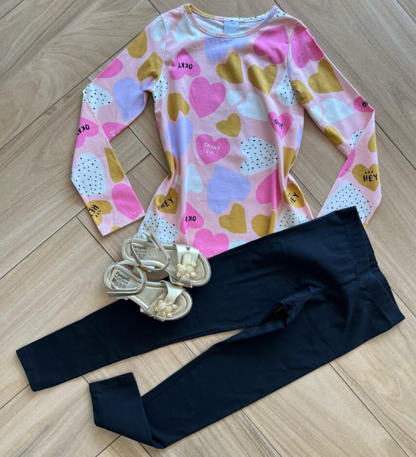 Conjunto Infantil Feminino Blusa Manga Longa Okay e Calça Preta Fernanda Ramos Kids