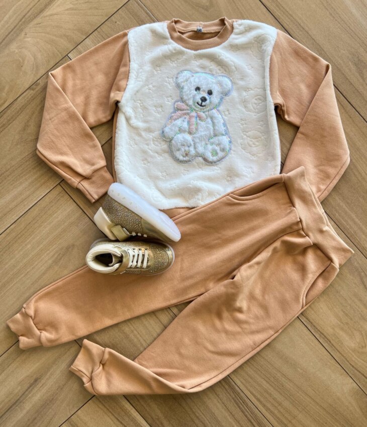 Conjunto Infantil Feminino Blusa Manga Longa Pelinhos e Calça Caqui Fernanda Ramos Kids