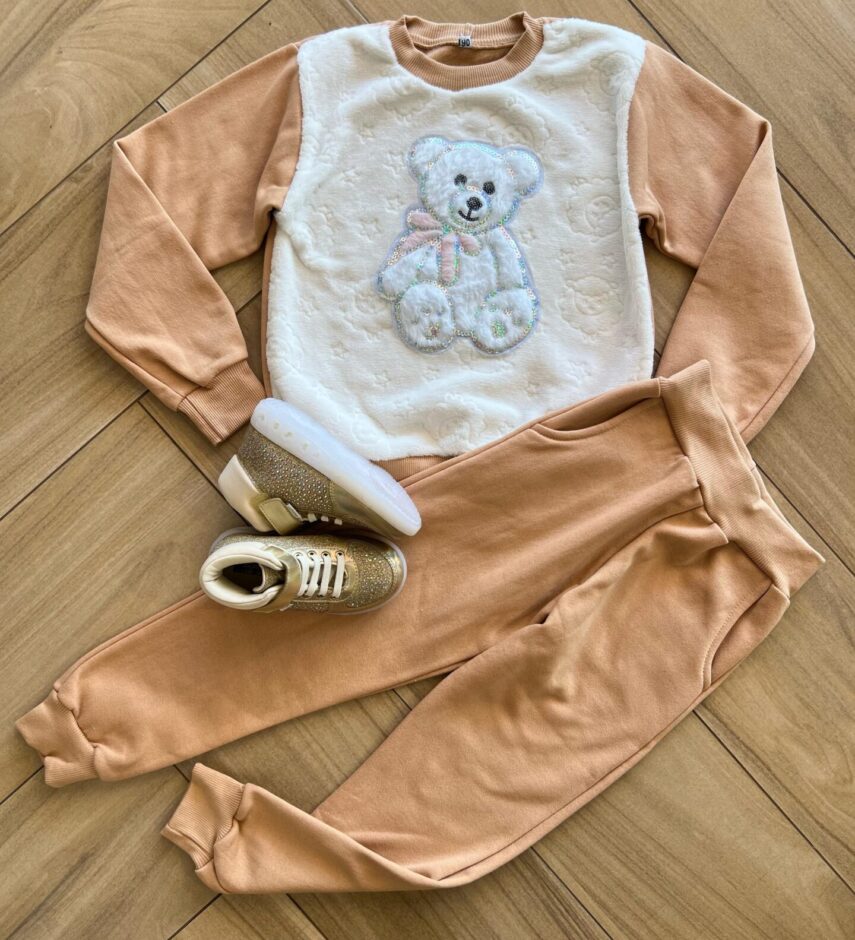 Conjunto Infantil Feminino Blusa Manga Longa Pelinhos e Calça Caqui Fernanda Ramos Kids