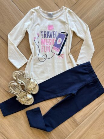 Conjunto Infantil Feminino Blusa Manga Longa Travel e Calça Azul Fernanda Ramos Kids