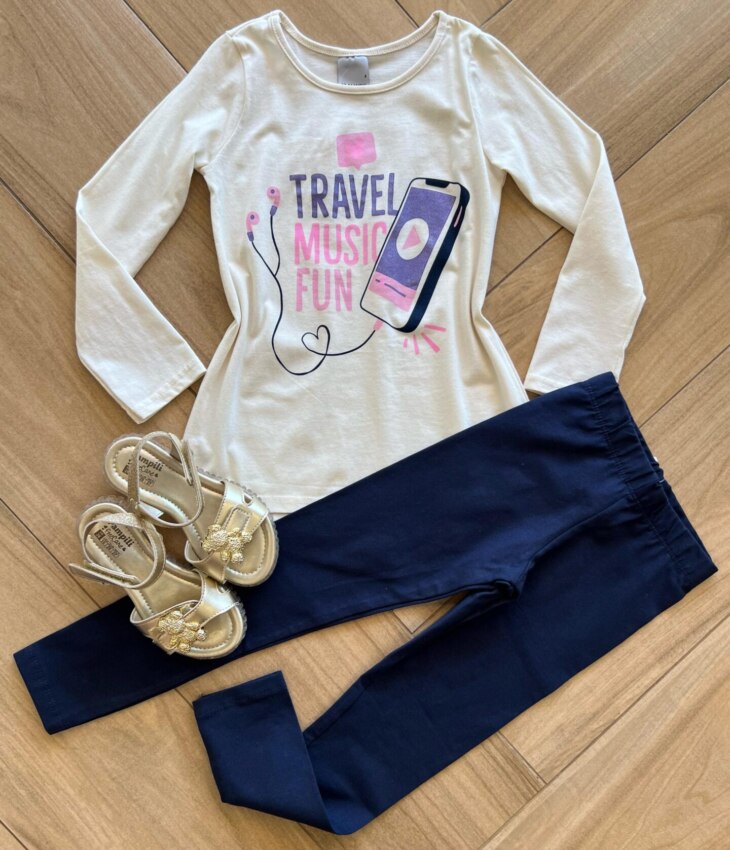 Conjunto Infantil Feminino Blusa Manga Longa Travel e Calça Azul Fernanda Ramos Kids