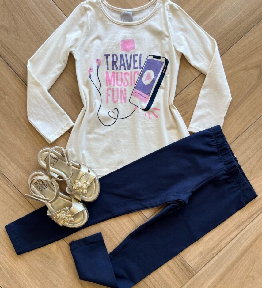 Conjunto Infantil Feminino Blusa Manga Longa Travel e Calça Azul Fernanda Ramos Kids