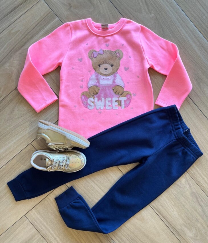 Conjunto Infantil Feminino Blusa Manga Longa Ursinho Sweet e Calça Fernanda Ramos Kids