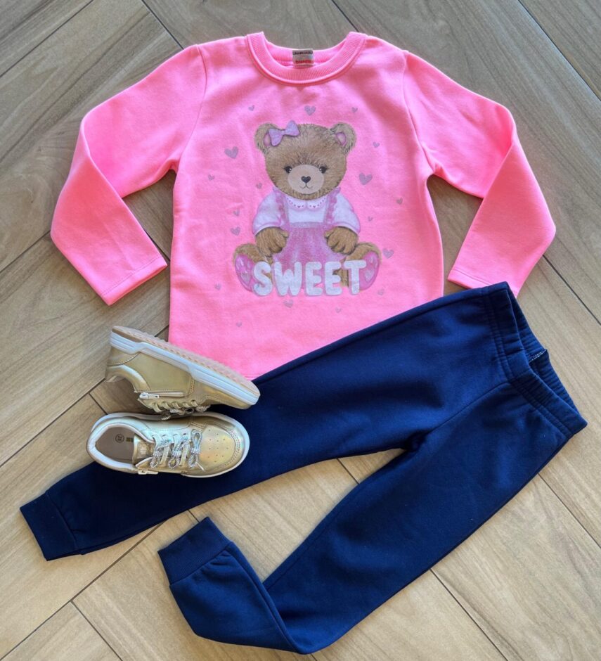 Conjunto Infantil Feminino Blusa Manga Longa Ursinho Sweet e Calça Fernanda Ramos Kids